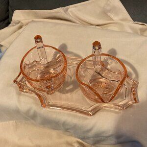 VTG 1930's Pink Depression Glass Creamer/Sugar Bowl/Tray Set-Etched Flowers-VGUC